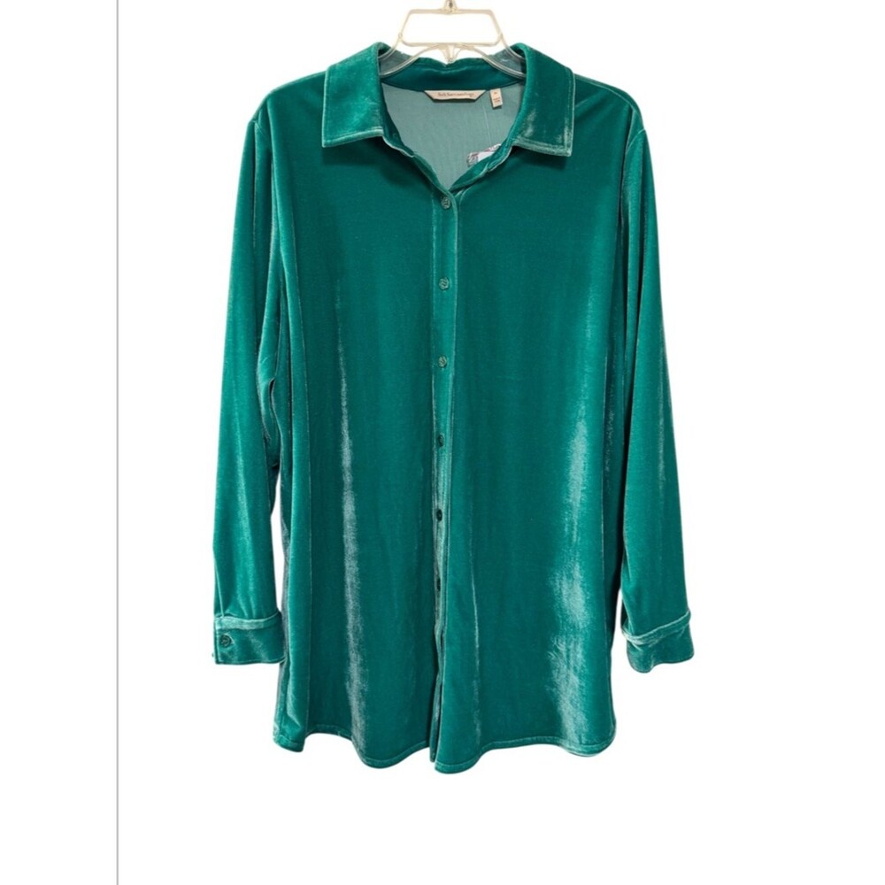 Soft Surroundings Green Stretch Velvet Button Front Tunic Length Boyfriend Top